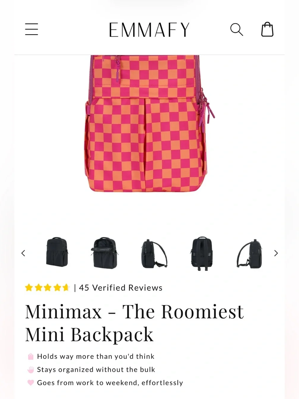 Emmafy Minimax Backpack NWT - Pink/Orange Check
